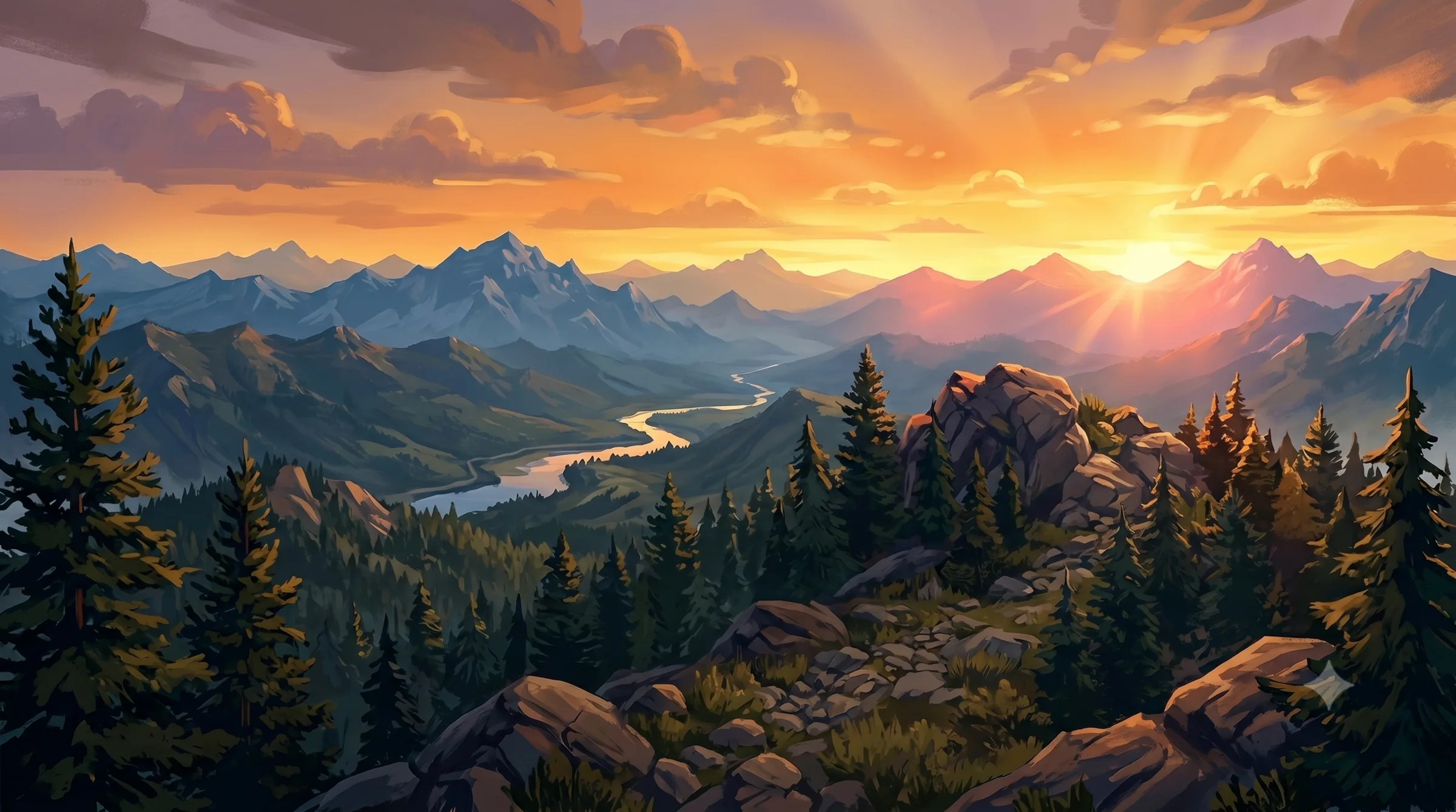 A mountain valley at golden hour — the calming natural world a Valen VR session drops patrons into