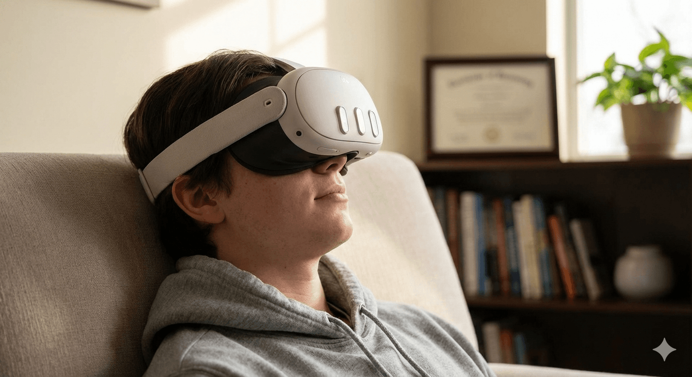 Student relaxing with Valen VR headset in a school counselor setting